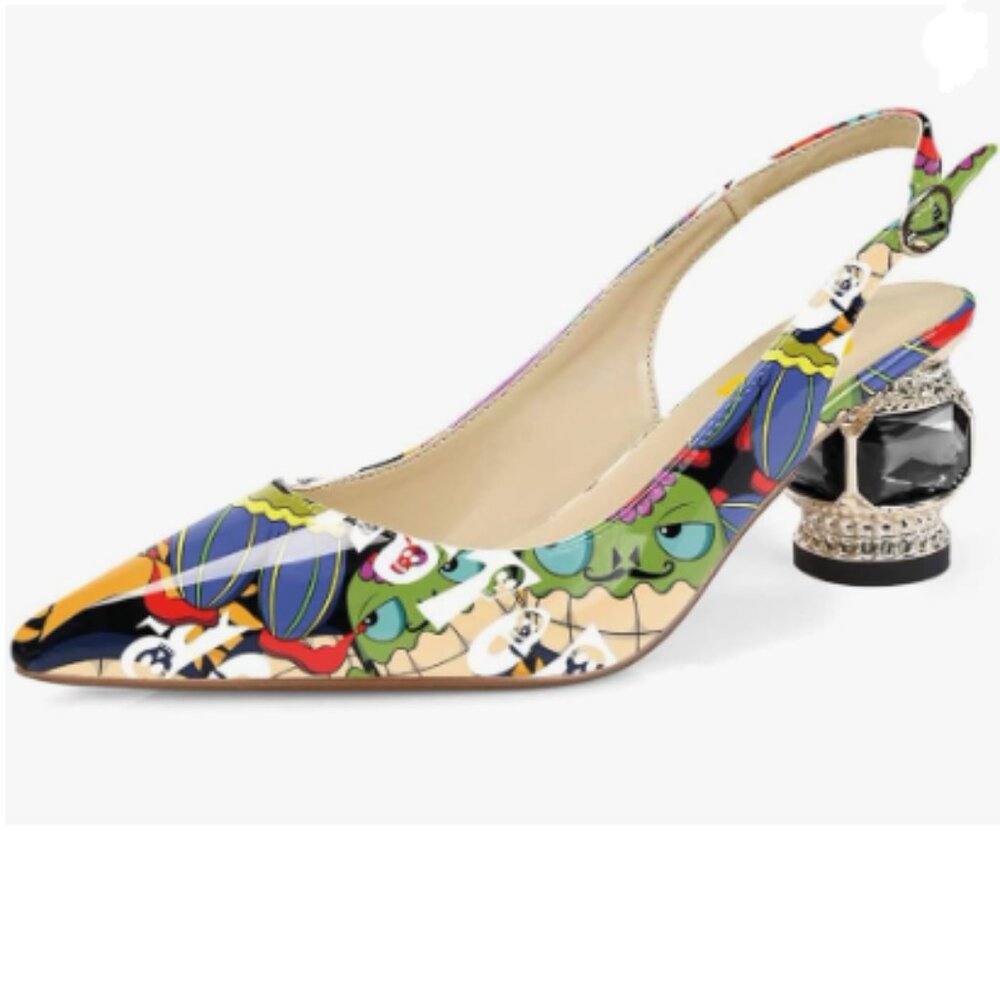 FSJ Cartoon Women's Pointed Toe Slingback Crystal Heel Pumps